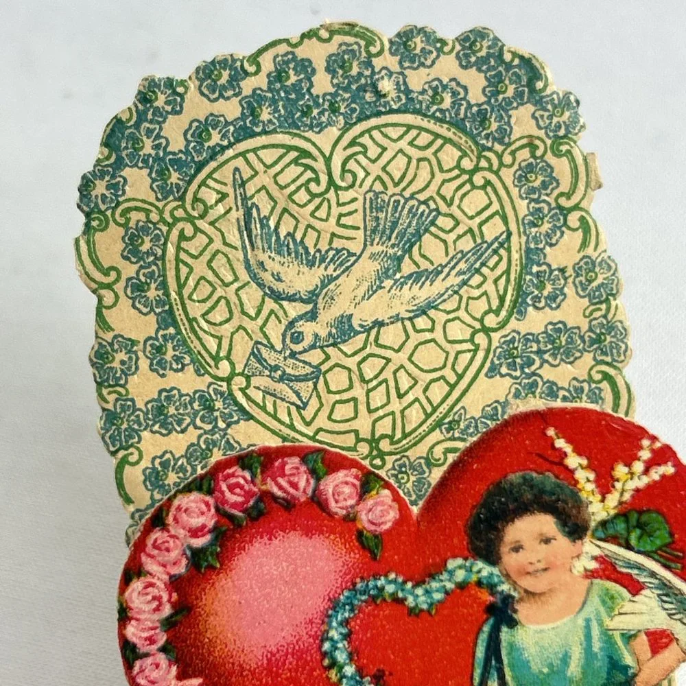Antique Valentine Fold Out Card 3D Loving Greetings Germany Heart Dove Roses